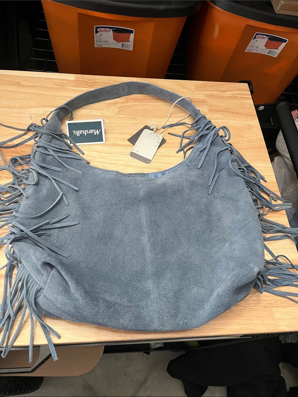 NWT Haute Hippie Slate Blue Genuine Suede Fringe Hobo Shouler Bag Western - Picture 2 of 10